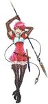  absurdres armor arms_up boots breastplate bright_pupils elbow_gloves est fire_emblem fire_emblem:_kakusei fire_emblem:_monshou_no_nazo full_body gloves headband highres nishimura_kinu open_mouth pink_hair polearm red_eyes spear sword thigh_boots thighhighs weapon 