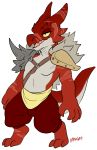  2018 anthro argur armor belly claws clothed clothing digital_media_(artwork) dungeons_&amp;_dragons fur kobold maim male navel open_mouth reptile scales scalie scar simple_background solo white_background 
