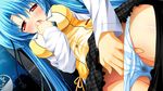  1girl blue_hair blue_panties blush breasts fingering game_cg highres hitotsu_tobashi_ren&#039;ai hitotsu_tobashi_ren'ai large_breasts legs long_hair looking_down night open_mouth panties red_eyes school_uniform skirt sonohara_aori thighs twintails underwear upskirt 