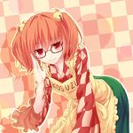  apron bell blush checkered checkered_background clothes_writing glasses hair_bell hair_ornament jingle_bell leaning_forward looking_at_viewer motoori_kosuzu orange_hair red-framed_eyewear red_eyes short_hair smile solo touhou two_side_up yonaga_(masa07240) 