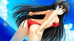  16:9 2girls aoki_natsume ass back bare_shoulders bikini black_hair blue_eyes blush breasts butt_crack cloud covered_nipples erect_nipples eyes_closed game_cg hitotsu_tobashi_ren&#039;ai hitotsu_tobashi_ren'ai large_breasts legs long_hair looking_back multiple_girls ocean pointing purple_hair short_hair sideboob sky standing sunlight swimming swimsuit thighs very_long_hair water 