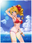  :o absurdres ahoge armpits bangle bangs bikini blonde_hair blue_eyes blush bow bracelet breasts cleavage cloud cowboy_shot day drill_hair eyebrows_visible_through_hair guinevere_(kaku-san-sei_million_arthur) hair_bow hair_ribbon highres horizon jewelry large_breasts million_arthur_(series) nail_polish navel o-ring o-ring_bikini o-ring_bottom o-ring_top ocean open_mouth ponytail red_bikini ribbon skindentation sky solo strap_gap sun_glare swimsuit tanaka_yuuichi water 