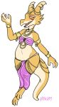  2018 anthro belly belly_dancer claws clothed clothing digital_media_(artwork) dungeons_&amp;_dragons female harem_outfit jewelry kobold maim navel netlo open_mouth reptile scales scalie simple_background solo white_background 