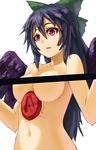  bad_id bad_pixiv_id bar_censor black_hair blush bow breasts censored hair_bow kurione_(zassou) large_breasts long_hair navel nude open_mouth out-of-frame_censoring red_eyes reiuji_utsuho solo third_eye touhou wings 