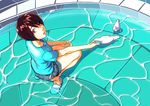  bird blue_shirt brown_eyes brown_hair denim denim_shorts dove downblouse fountain from_above highres looking_at_viewer make_days open_mouth original outstretched_arm sandals shirt shorts solo wading water 