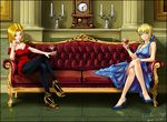 ahoge android_18 artoria_pendragon_(all) black_legwear blonde_hair blue_dress blue_eyes breasts candle cleavage clock couch crossed_legs crossover cup dragon_ball dragon_ball_z dress drinking_glass fate/stay_night fate_(series) full_body green_eyes hair_ribbon high_heels highres long_dress make_days medium_breasts multiple_girls pantyhose red_dress ribbon saber shoes short_hair sitting wine_glass 