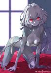  1girl all_fours bandage bare_shoulders bed blush breasts collarbone eyebrows_visible_through_hair glowing hair_between_eyes hair_ribbon hanging_breasts hong_(white_spider) konno_junko long_hair looking_at_viewer low_twintails on_bed patchwork_skin red_eyes ribbon twintails zombie_land_saga 