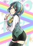  ;) black_legwear blush green_hair hairband headset idolmaster idolmaster_(classic) looking_at_viewer md5_mismatch mole mole_under_mouth one_eye_closed otonashi_kotori pencil_skirt red_eyes sakayama_shinta short_hair skirt smile solo thighhighs yellow_hairband zettai_ryouiki 