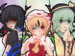  aqua_eyes ascot black_hair blonde_hair blush empty_eyes flandre_scarlet green_hair hat heart heart_hands houjuu_nue komeiji_koishi multiple_girls one_eye_closed onsen_tamago_(nurumayu_onsen) open_mouth red_eyes shaded_face side_ponytail smile stage_connection touhou upper_body wings 