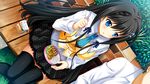  1girl aoki_natsume bench black_hair black_legwear blue_eyes blush breasts food fork game_cg hair_ornament hairclip highres hitotsu_tobashi_ren&#039;ai hitotsu_tobashi_ren'ai juice large_breasts long_hair looking_away necktie sitting skirt 