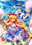  blue_hair bow brown_eyes brown_hair capura_lin chain cherry_blossoms food fruit gourd hair_bow hat highres hinanawi_tenshi horns ibuki_suika long_hair looking_at_viewer multiple_girls nature one_eye_closed open_clothes peach petals red_eyes smile touhou 