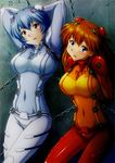  2girls absurdres arms_behind_back arms_up ayanami_rei blue_eyes blue_hair blush breasts chains evangelion:_2.0_you_can_(not)_advance highres hips large_breasts legs long_hair looking_at_viewer medium_breasts multiple_girls neon_genesis_evangelion open_mouth orange_hair plugsuit rebuild_of_evangelion red_eyes short_hair soryu_asuka_langley standing tears test_plugsuit tied_up uninigumi wall 