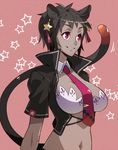  animal_ears ars_goetia black_hair breasts cat_ears cat_tail earrings grey_skin jewelry kyousaku large_breasts mygrimoire necktie pink_background red_eyes short_hair sitri_(mygrimoire) smile solo star star_earrings starry_background tail 