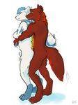  2013 blue_hair canine dog from_behind gay hair hug husky kaputotter male red_fur sheath white_fur wolf 