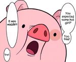  ? bald black_eyes close-up cute disney english_text gravity_falls mammal mr._waddles open_mouth pig pink_body pink_nose pink_skin plain_background porcine solo swine text tongue white_background 