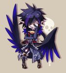  ars_goetia black_hair boots brown_background chibi eyepatch japanese_clothes knee_boots kyousaku male_focus multicolored_hair mygrimoire pointy_ears purple_hair raum_(mygrimoire) smile solo spiked_hair two-tone_hair wings 