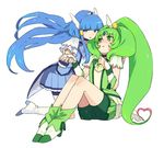  aoki_reika arm_around_shoulder bike_shorts blue_eyes blue_hair blue_skirt couple cure_beauty cure_march green_eyes green_hair green_shorts green_skirt heart highres holding_hands kneeling long_hair midorikawa_nao multiple_girls ponytail precure shorts shorts_under_skirt simple_background sitting skirt smile_precure! white_background yomosaka yuri 