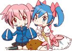  2girls blue_hair capybara-san cosplay costume_switch ene ene_(kagerou_project) kagerou_days kagerou_project kaname_madoka madoka mahou_shoujo_madoka_magica makarii multiple_girls pink_hair 