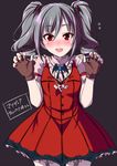  bat blush brooch claw_pose fangs fingerless_gloves fingernails garter_straps gloves grey_hair hair_ornament idolmaster idolmaster_cinderella_girls jewelry kanzaki_ranko long_hair my_dear_vampire nail_polish necklace open_mouth pendant red_eyes red_skirt shouji_nigou skirt smile solo tareme twintails 