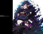  1girl ars_goetia black_hair earrings eyepatch fur_trim height_difference hug hug_from_behind jewelry kyousaku multicolored_hair mygrimoire navel pale_skin pointy_ears purple_hair raum_(mygrimoire) red_eyes smile stolas_(mygrimoire) two-tone_hair 