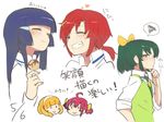  :&gt; aoki_reika blue_hair blush blush_stickers closed_eyes eating food green_eyes green_hair hairband heart hino_akane_(smile_precure!) hoshizora_miyuki kise_yayoi midorikawa_nao multiple_girls nanairogaoka_middle_school_uniform precure red_hair school_uniform sleeves_rolled_up smile smile_precure! takoyaki white_hairband yomosaka 