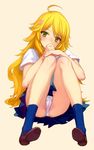  ahoge blonde_hair blue_legwear blush flower full_body green_eyes hair_flower hair_ornament hand_on_own_knee hand_to_own_mouth highres hoshii_miki idolmaster idolmaster_(classic) knees_together_feet_apart leg_hug legs loafers long_hair long_legs ooyari_ashito panties pantyshot pantyshot_(sitting) pleated_skirt scan school_uniform serafuku shoes simple_background sitting skirt socks solo thighs underwear white_panties 