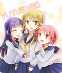  arm_hug blonde_hair closed_eyes copyright_name hinata_yukari ichii_yui long_hair multiple_girls nonohara_yuzuko open_mouth pink_eyes pink_hair pleated_skirt purple_hair school_uniform school_uniform_(yuyushiki) serafuku shimoku_reyu short_hair skirt yellow_eyes yuyushiki 