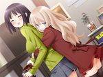  2girls ass black_hair blonde_hair blush couple covered_nipples erect_nipples hug hug_from_behind kawamura_reo multiple_girls peko sawaguchi_mai skirt sono_hanabira_ni_kuchizuke_wo upskirt yuri 