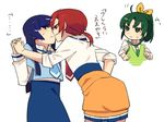  ahoge aoki_reika bad_id bad_pixiv_id blue_eyes blue_hair blue_neckwear blush green_eyes green_hair highres hino_akane_(smile_precure!) holding_hands imminent_kiss interlocked_fingers jealous long_hair midorikawa_nao multiple_girls nanairogaoka_middle_school_uniform necktie ponytail precure red_eyes red_hair school_uniform short_hair simple_background sleeves_rolled_up smile_precure! white_background yomosaka yuri 