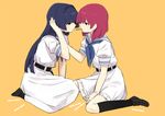  blue_hair couple food hirose_sumire long_hair miyanaga_teru multiple_girls pink_hair pocky pocky_kiss saki saki_achiga-hen school_uniform shared_food shiraitodai_school_uniform short_hair simple_background sitting wariza yellow_background yomosaka yuri 