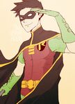  1boy batman_(series) black_hair cape character_name dc_comics domino_mask gloves male male_focus mask robin_(dc) solo tim_drake torisora 