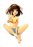  :d absurdres barefoot bikini_shorts bikini_top breasts brown_eyes brown_hair butterfly_sitting cleavage feet full_body hairband happy highres itou_noiji medium_breasts navel official_art open_mouth orange_hairband scan short_hair shorts simple_background sitting smile solo suzumiya_haruhi suzumiya_haruhi_no_yuuutsu v white_background 