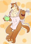  apron baking blush bottomless canine chest_tuft clothed clothing cotton_(artist) food fur looking_at_viewer male mammal messy muscles one_eye_closed pattern_background paws plain_background simple_background smile solo tuft whisk wink wolf wuffle 