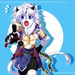  :o animal_ears armor ars_goetia blue_background blue_eyes cat_ears cat_tail fang forehead_jewel furry gloves hand_on_hip kyousaku lowres male_focus mygrimoire pointing purson_(mygrimoire) shadow shirt shorts solo tail white_hair white_skin 