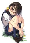  brown_eyes brown_hair flower glasses karpin leg_hug loafers long_hair navy_blue_legwear original ponytail red-framed_eyewear school_uniform serafuku shoes sitting skirt smile solo 