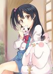  =_= bird black_hair bow brown_eyes crossed_legs dera_mochimazzui eating food hair_bobbles hair_ornament holding holding_food kitashirakawa_anko long_hair mochi one_side_up sitting t-okada tamako_market wagashi 