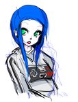  bad_id bad_tumblr_id black_lipstick blue_hair breasts earrings game_console green_eyes hair_in_mouth highres hood hoodie jewelry lipstick makeup nes original pale_skin short_hair sidelocks simple_background sketch slit_pupils slugbox small_breasts solo upper_body white_background 