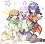  3girls blush breasts brown_hair echizen echizen_(hvcv) female fire_emblem fire_emblem:_souen_no_kiseki flat_chest gloves green_eyes hairband ilyana kneeling large_breasts long_hair mia_(fire_emblem) mist_(fire_emblem) multiple_girls open_mouth purple_eyes purple_hair simple_background skirt smile star thighhighs 