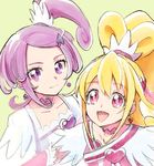  :d aida_mana blonde_hair choker cure_heart cure_sword dokidoki!_precure green_background hair_ornament heart heart_hair_ornament kenzaki_makoto kurochiroko multiple_girls open_mouth pink_eyes precure purple_choker purple_eyes purple_hair simple_background smile spade_hair_ornament upper_body 