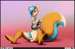  abstract_background animal_genitalia blue_hair blue_penis bottomless canine canine_penis claws digitigrade ear_piercing erection fluffy_tail fox fur hair hindpaw knot looking_at_viewer male mammal orange_fur pawpads paws penis piercing ravefox shiuk sitting soles solo spread_legs spreading straitjacket toes 