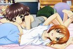  :d absurdres akiyama_yukari animage barefoot breasts brown_eyes brown_hair cleavage feet girls_und_panzer highres itou_takeshi lying medium_breasts multiple_girls navel nishizumi_miho official_art on_bed on_side open_mouth scan short_hair shorts smile stuffed_animal stuffed_toy sugimoto_isao teddy_bear television 