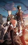  2boys annie_leonhardt belt bertolt_hoover black_hair blonde_hair boots broken broken_sword broken_weapon emblem jacket multiple_boys natuichi-7212 paradis_military_uniform ponytail reiner_braun shingeki_no_kyojin sitting survey_corps_(emblem) sword thigh_strap three-dimensional_maneuver_gear weapon 