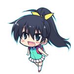  bag black_hair blue_eyes chibi fang ganaha_hibiki idolmaster idolmaster_(classic) ponytail ribbon shiwo skirt solo younger 