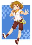  ;3 bike_shorts blue_background brown_hair brown_legwear carton checkered coffee drinking drinking_straw fanny_pack flower food_themed_clothes frills hair_ornament hairclip highres komase_(jkp423) original outstretched_arm outstretched_hand red_eyes ribbon shoes shorts sock_ornament socks solo twintails yukico-tan yukijirushi 