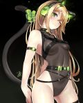  1girl :3 absurdres animal_ears arm_strap arms_behind_back bangs belt black_background black_leotard blonde_hair blush bow breasts cameltoe cat_ear_headphones cat_ears cat_tail choker eyebrows_visible_through_hair girls_frontline glint green_bow green_eyes green_ribbon groin hair_between_eyes headphones highres leotard light_particles long_hair looking_at_viewer medium_breasts multiple_straps one_eye_closed ribbon sidelocks simple_background skindentation solo sun_miru tail tail_ribbon thigh_strap tmp_(girls_frontline) very_long_hair 