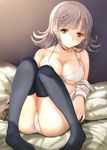  bad_id bad_pixiv_id black_legwear bra breasts brown_hair collarbone danganronpa flipped_hair hijiri_ruka large_breasts light_smile nanami_chiaki panties pillow shirt_slip short_hair sitting solo super_danganronpa_2 thighhighs underwear yellow_eyes 