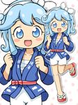  :d blue_eyes blue_hair blush blush_stickers bow clenched_hands geta hair_bow japanese_clothes lasto leg_up looking_at_viewer open_mouth sandals simple_background smile solo standing standing_on_one_leg tabi white_background yaidu yaidu_shoukou_kai_no_moe_kyara zoom_layer 