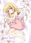  barefoot blonde_hair blush dress flower long_hair lying on_side original oumi_neneha purple_eyes solo wings 