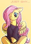  bottomless bra clothed clothing english_text equine feathers female floppy_ears fluttershy_(mlp) friendship_is_magic fur hair hair_over_eye half-dressed horse lightchaol lonelycross long_hair mammal my_little_pony pegasus pink_hair pony smile solo text underwear wings yellow_fur 
