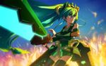  fire flame green_eyes green_hair japanese_clothes long_hair low-tied_long_hair ponytail rope solo sword thighhighs tsuta_no_ha very_long_hair vividgreen vividred_operation weapon 